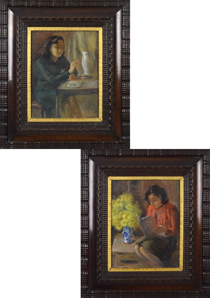 Coppia di quadri con figure femminili