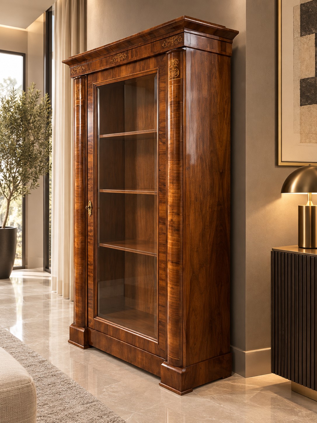 Libreria Biedermeier in noce lastronata e filettata, Italia settentrionale, prima metà XIX secolo