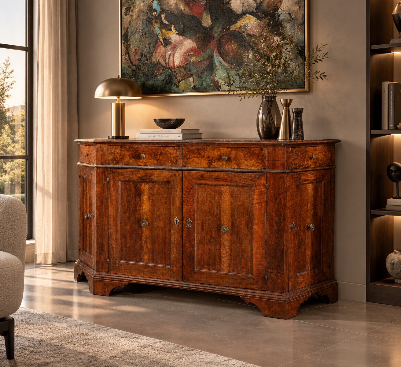 Credenza scantonata romagnola, in legno di noce massello, prima metà del XVIII secolo